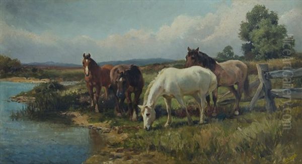 Horses At Water Oil Painting by Frederic Legge