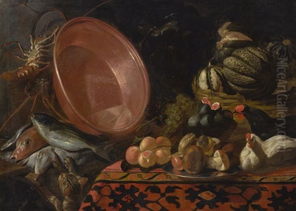 A Kitchen Interior, With Fruit, Vegetables, Fish, Chickens And Other Food On A Table, A Cat Pawing At The Fish Lower Left Oil Painting by Giacomo Legi