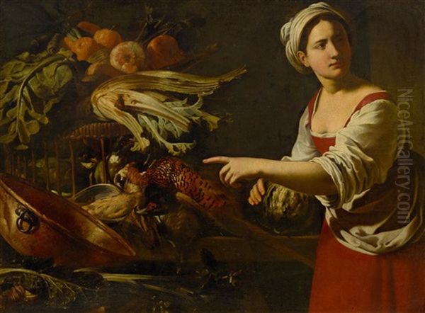 Maidservant In A Kitchen With Pheasant, Grapes And Vegetables Oil Painting by Giacomo Legi