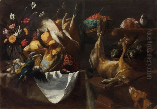 Kuchenstillleben Mit Jagdbeute Und Einem Hund Oil Painting by Giacomo Legi