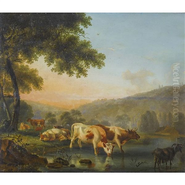 Viehherde Am Ufer Oil Painting by Jean-Francois Legillon