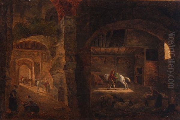 Stable Interior Oil Painting by Jean-Francois Legillon