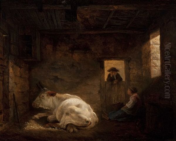 A Cow Resting In The Stable With A Farmer Conversing With A Milkmaid Oil Painting by Jean-Francois Legillon