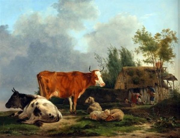 Rustic Landscape With Cattle And Sheep In Foreground, Family By Cottage Behind Oil Painting by Jean-Francois Legillon