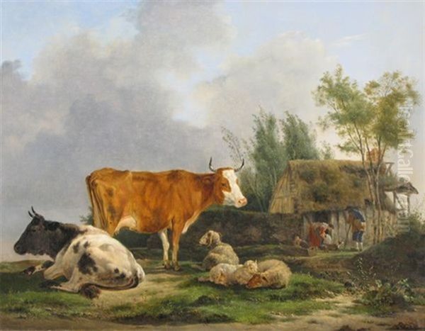 Cattle And Sheep By An Old Thatch Cottage With A Family And Their Dog Oil Painting by Jean-Francois Legillon