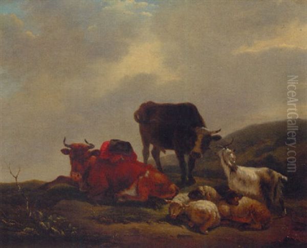 A Landscape With A Herdsman Resting Amongst Cattle And Sheep Oil Painting by Jean-Francois Legillon