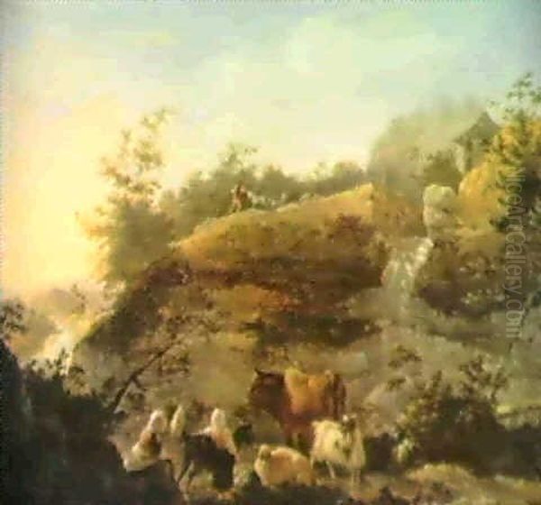 A Rocky Landscape With Shepherdesses Watching Over Their    Livestock Before A Waterfall Oil Painting by Jean-Francois Legillon