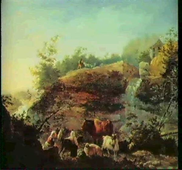 A Rocky Landscape With Goat- Herds And Their Animals Oil Painting by Jean-Francois Legillon