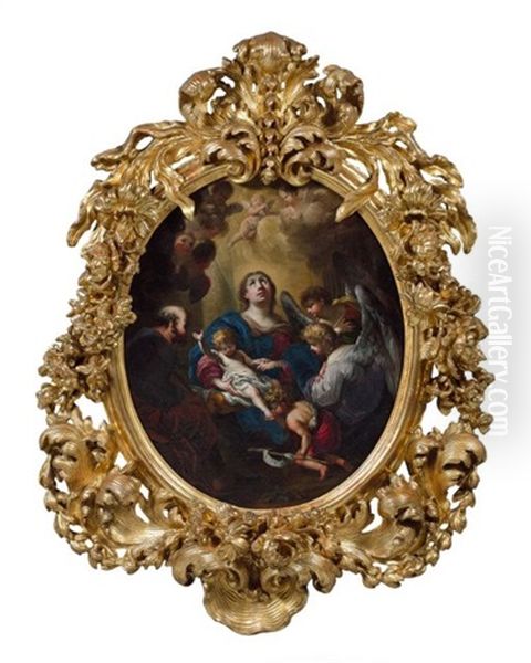 La Sainte Famille Et Saint Jean-baptiste Enfant Entoures D'anges Oil Painting by Stefano Maria Legnani