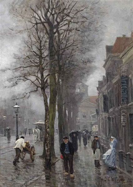 A Rainy Day On The Biltstraat, Utrecht Oil Painting by Johan Coenraad Ulrich Legner