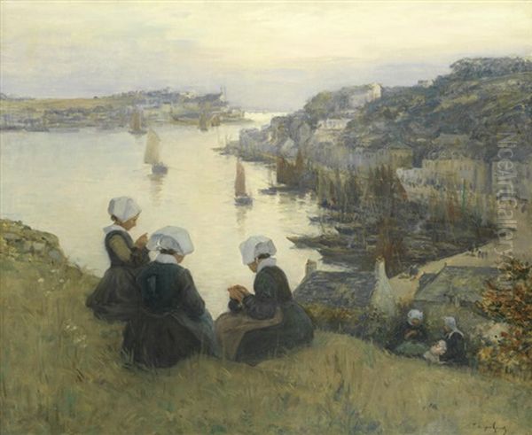 Breton Girls On The Cliffs Above The Port Of Audierne Oil Painting by Fernand Marie Eugene Legout-Gerard