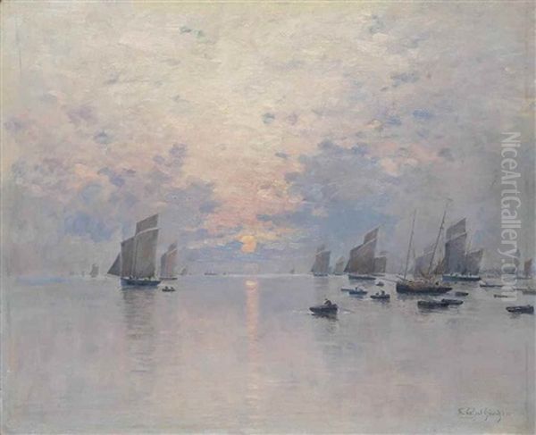 Boats At Dusk, Possibly Concarneau Oil Painting by Fernand Marie Eugene Legout-Gerard