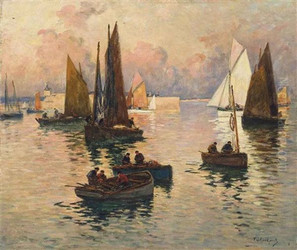 Fishing Boats At Dusk, Concarneau Oil Painting by Fernand Marie Eugene Legout-Gerard