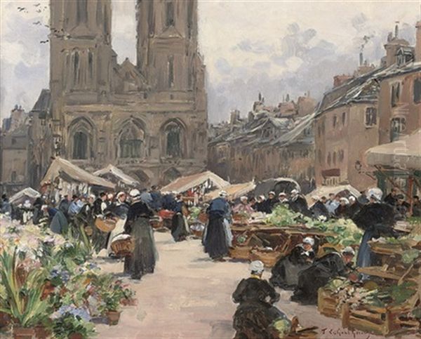 Marche Pres D'eglise De Notre-dame, Saint Lo Oil Painting by Fernand Marie Eugene Legout-Gerard