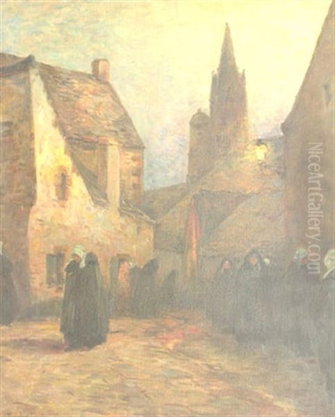 Animation Nocturne Rue Monte Au Ciel A Douarnenez Oil Painting by Fernand Marie Eugene Legout-Gerard