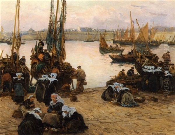 Le Dechargement De La Peche A Concarneau Oil Painting by Fernand Marie Eugene Legout-Gerard