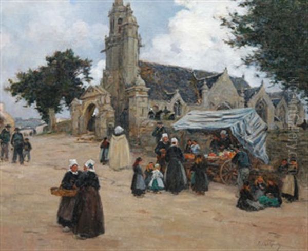 Marche Devant L'eglise De Plogonnec Oil Painting by Fernand Marie Eugene Legout-Gerard