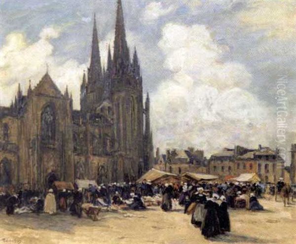 Marche Aux Etoffes A Quimper Oil Painting by Fernand Marie Eugene Legout-Gerard