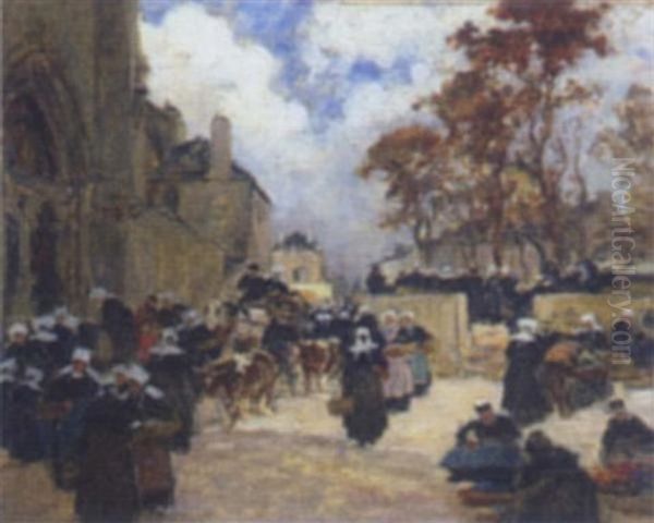 Market At Concarneau Oil Painting by Fernand Marie Eugene Legout-Gerard