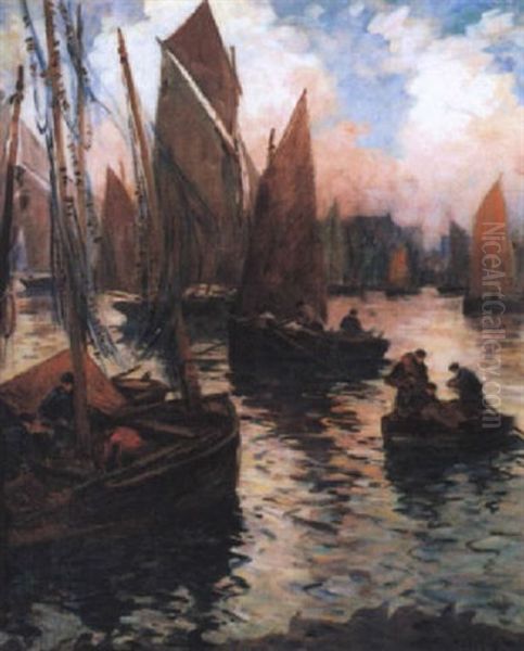 Chaloupes Sardinieres Et Thoniers Sous Voiles A Concarneau Oil Painting by Fernand Marie Eugene Legout-Gerard