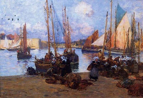 Dechargement Des Sardines Au Port De Concarneau Oil Painting by Fernand Marie Eugene Legout-Gerard