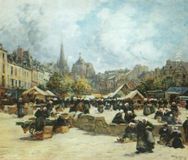 Place Du Marche En Bretagne A Guingamp Oil Painting by Fernand Marie Eugene Legout-Gerard