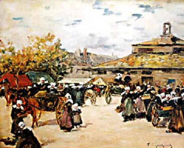 Scene De Marche Devant Les Halles De Concarneau Oil Painting by Fernand Marie Eugene Legout-Gerard