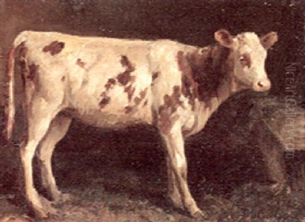 A Calf In A Barn Interior Oil Painting by Fernand Marie Eugene Legout-Gerard