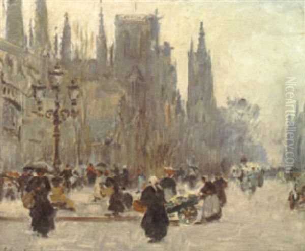 A Bustling Bordeaux Street Scene Oil Painting by Fernand Marie Eugene Legout-Gerard