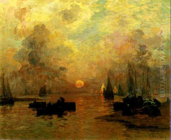 Boats At Sunset Oil Painting by Fernand Marie Eugene Legout-Gerard