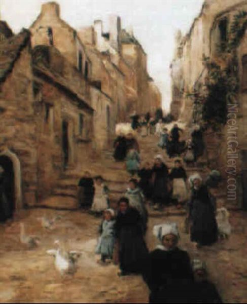 Jeunes Enfants Descendant Les Escaliers Oil Painting by Fernand Marie Eugene Legout-Gerard