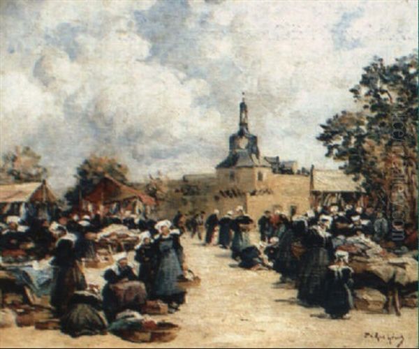 Marche Aux Etoffes A Concarneau Sur Le Vieux Port Oil Painting by Fernand Marie Eugene Legout-Gerard