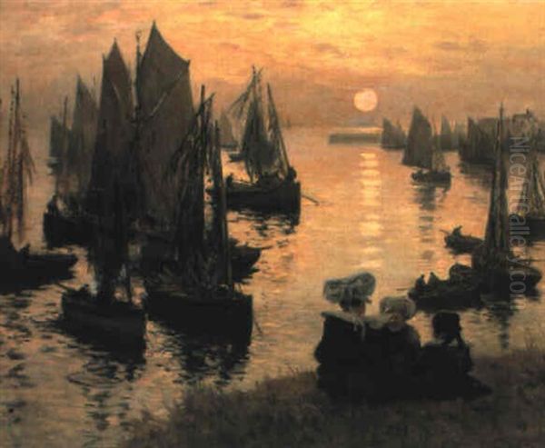 Voiliers De Bretagne Au Soleil Couchant Oil Painting by Fernand Marie Eugene Legout-Gerard