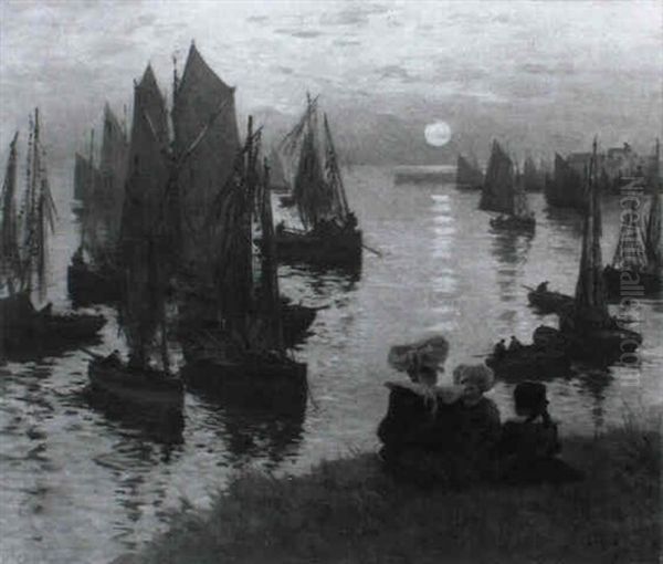 Abendstimmung In Einem Bretonischen Fischerhafen Oil Painting by Fernand Marie Eugene Legout-Gerard