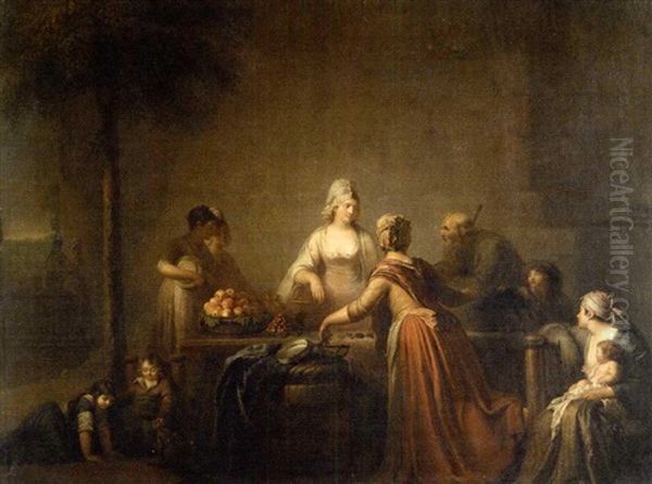 Personen Um Einen Tisch Mit Fruchten Und Kochgeschirr Oil Painting by Pierre Nicolas Legrand de Lerant