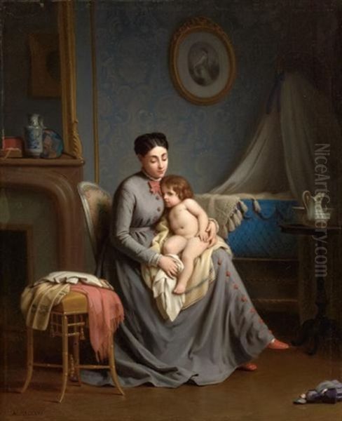 Nursery Interior With Mother And Child Oil Painting by Alexandre Legrand