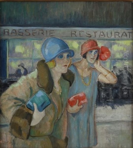 Deux Midinettes Dans Un Cafe Oil Painting by Louis Auguste Mathieu Legrand