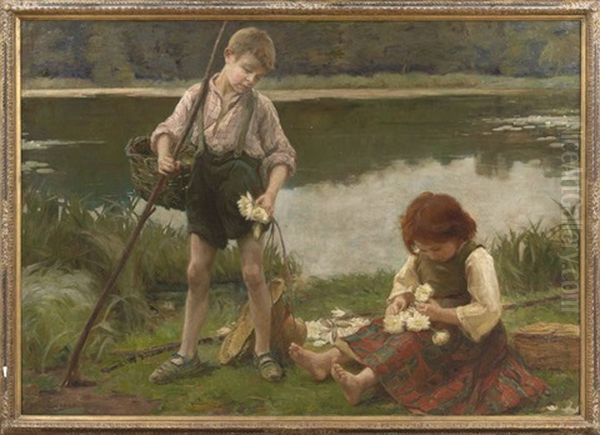 Les Nypmhaes: Children Gathering Water Lillies Oil Painting by Paul Emmanuel Legrand