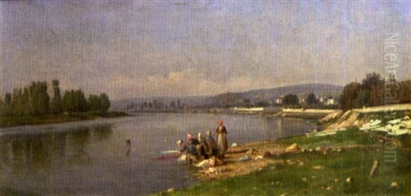 Lavandieres En Bord De Seine Au Trou Du Moulin Pris De Carriere Sous Bois Oil Painting by Frederic Legrip