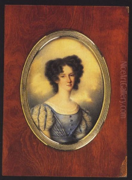 A Young Lady Wearing Blue Dress With Blue And White Sleeves, White Underdress, Her Dark Brown Hair Curled Oil Painting by Jacques-Marie Legros