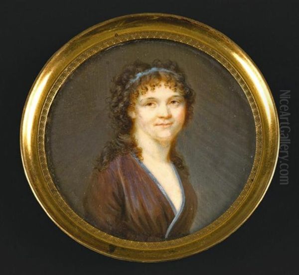 Portrait De Jeune Femme En Robe Prune Brodee De Bleu, Comme Le Ruban Retenant Ses Longs Cheveux Poudres Tombant Sur Les Epaules Oil Painting by Etienne Charles Leguay