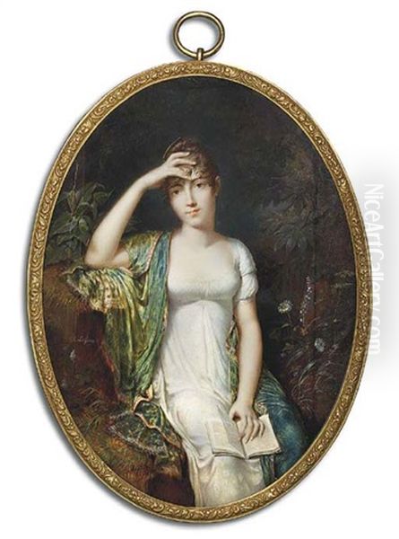 A Young Lady Formerly Called Pauline Bonaparte, Princess Borghese, Seated On A Grassy Bank Holding An Open Book In Her Left Hand, In White Dress, Cashmere Stole, Her Right Arm Raised To Her Forehead Oil Painting by Etienne Charles Leguay