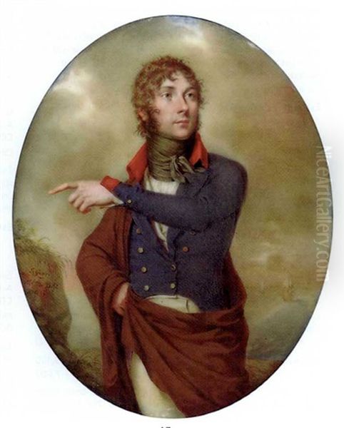 A Young Gentleman With His Left Hand Raised, In Blue Coat With Gold Buttons And Red Collar And Cuffs, Cream Coloured Trousers, White Waistcoat And Knotted Black Cravat, Brown Cloak, Curling Brown Hair Oil Painting by Etienne Charles Leguay