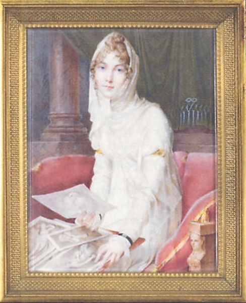 A Portrait Of The Artist's Wife, Marie-victoire Jaquotot, In A White Dress And Scarf, Seated In A Chair Holding Drawings; In An Interior Oil Painting by Etienne Charles Leguay