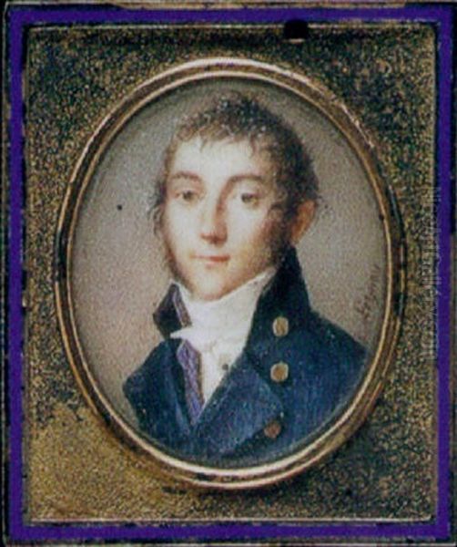 A Gentleman, In Blue Coat With Black Collar And Gold Buttons, Pale Blue And Red Striped Waistcoat, White Shirt Oil Painting by Etienne Charles Leguay