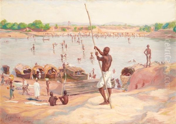 La Plage A Kankan (guinee) Oil Painting by Raphaeel Leon Leguilloux