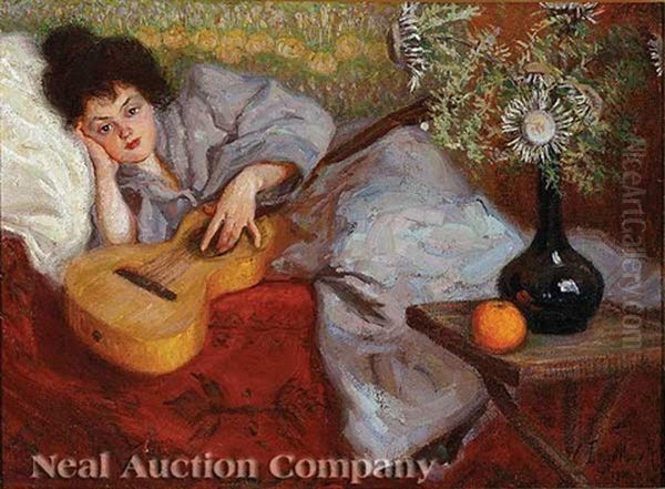 Portrait Of A Reclining Lady With Guitar (+ Lady (sketch), Verso; 2 Works) Oil Painting by Raphaeel Leon Leguilloux