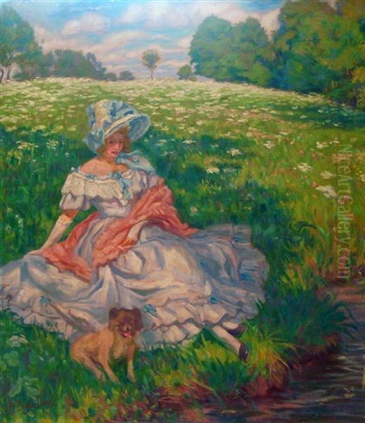 Femme En Robe Blanche Assise Dans L'herbe Oil Painting by Raphaeel Leon Leguilloux