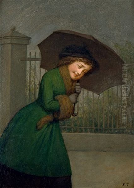 Regenwetter - Junge Frau Mit Pelzbesetztem Mantel Und Regenschirm Eine Promenade Entlang Laufend Oil Painting by Edvard Lehmann