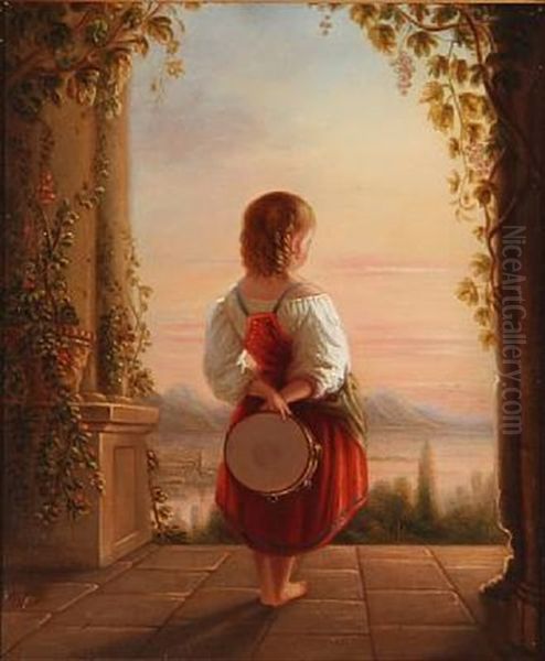 Back Turned Girl With A Tambourine Looking At The Sunset Oil Painting by Edvard Lehmann